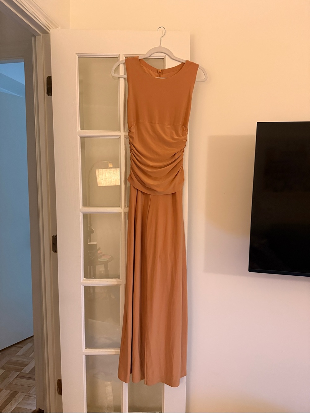 Norma Kamali Camel Sleeveless Ruched Maxi Dress